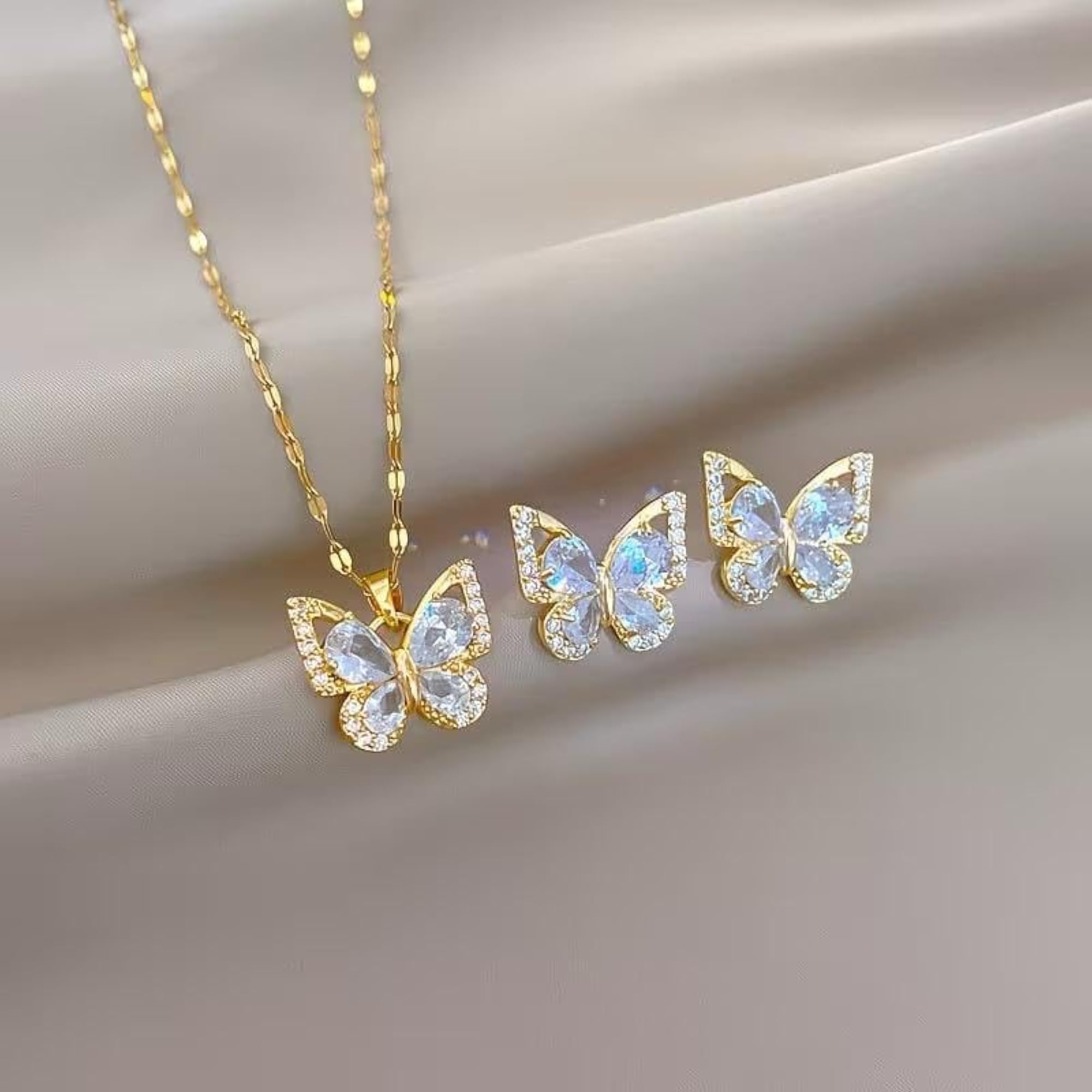 Butterfly Pendant Necklace and Stud Earrings Set, Gold